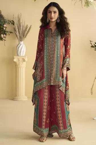 Maroon digital print crepe silk cord set