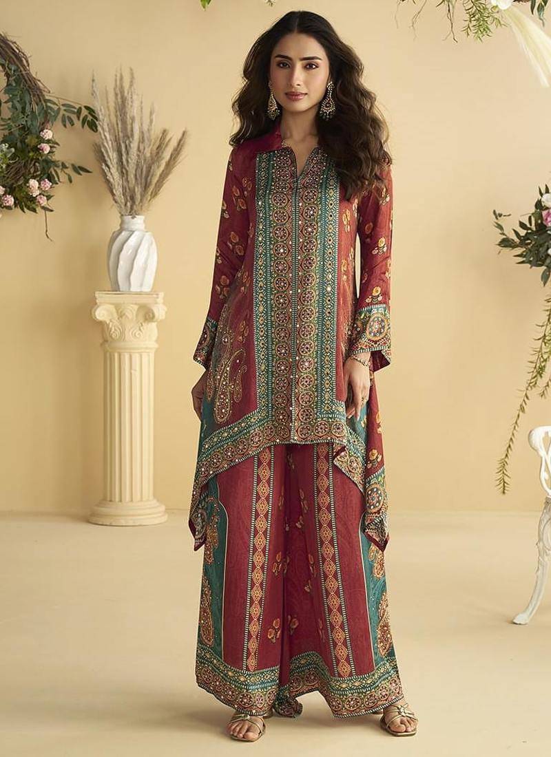 Maroon digital print crepe silk cord set