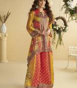 Red & yellow digital print crepe silk cord set semi stitched up to 42" size