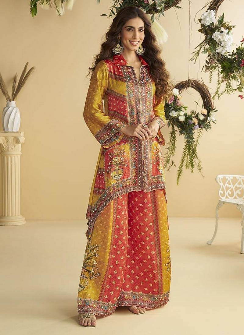 Red & yellow digital print crepe silk cord set semi stitched up to 42" size