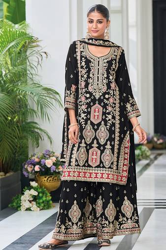 Black chinon embroidered palazzo suit