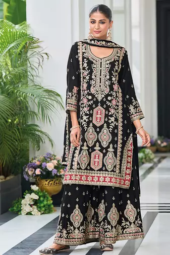 Black chinon embroidered palazzo suit