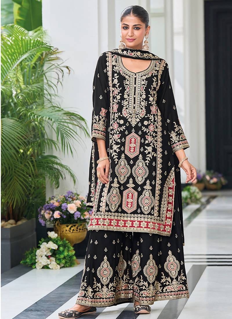 Black chinon embroidered palazzo suit