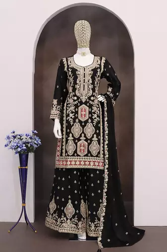 Black chinon embroidered palazzo suit