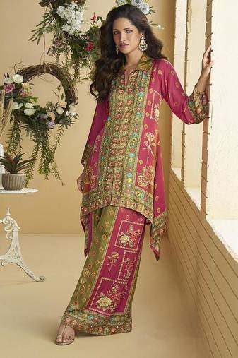 Pink and green digital print crepe silk cord set