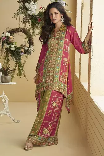 Pink and green digital print crepe silk cord set