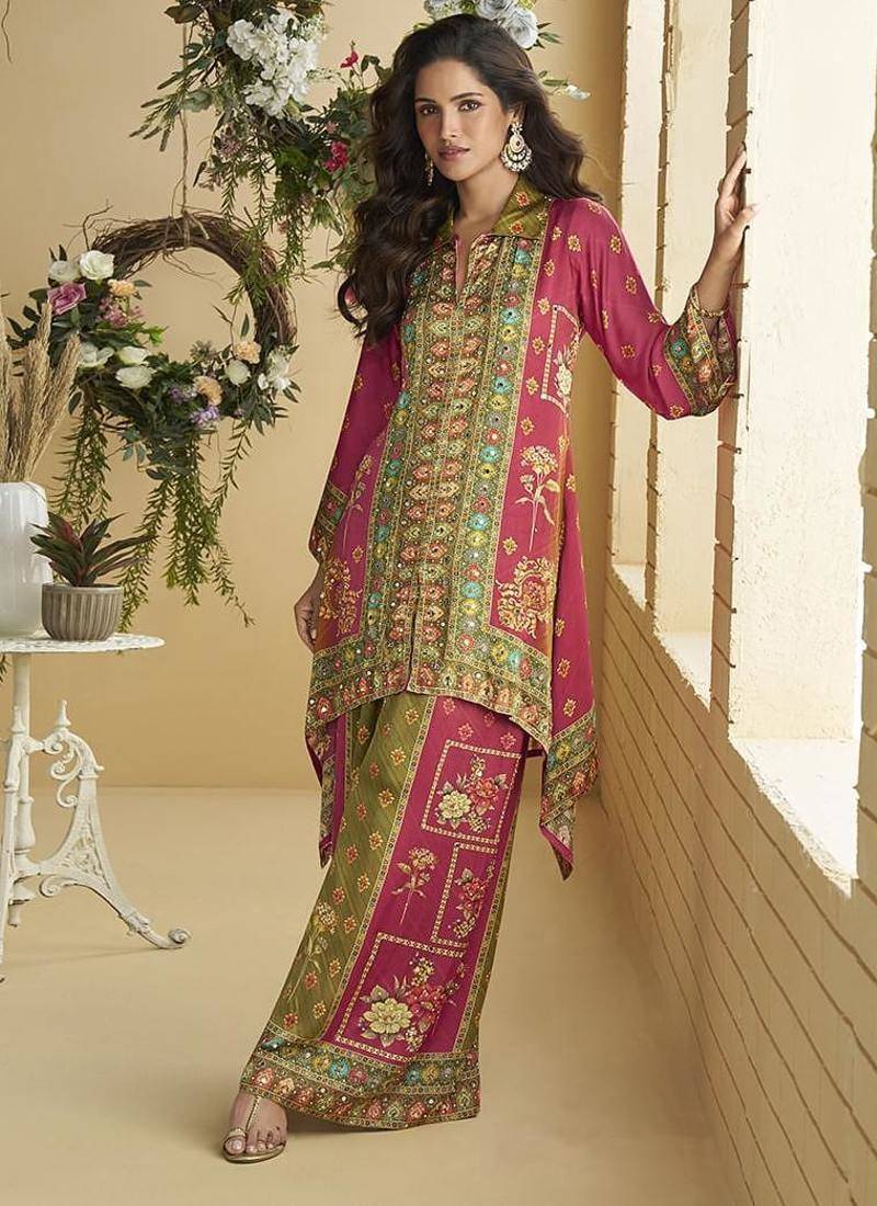 Pink and green digital print crepe silk cord set