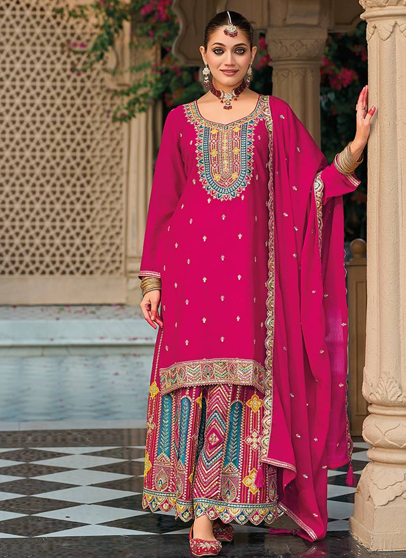 Chinon embroidered palazzo suit for rani pink 