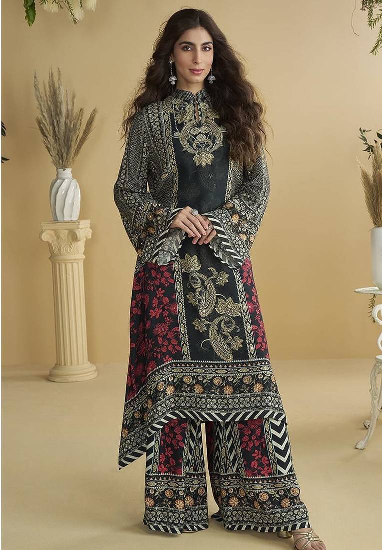 Black crepe printed palazzo suit