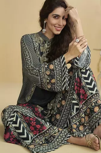 Black crepe printed palazzo suit