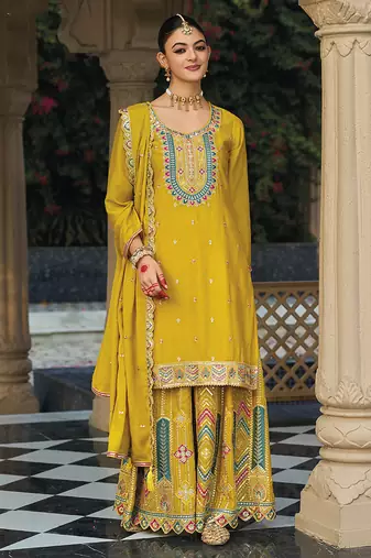 Chinon embroidered palazzo suit for yellow 
