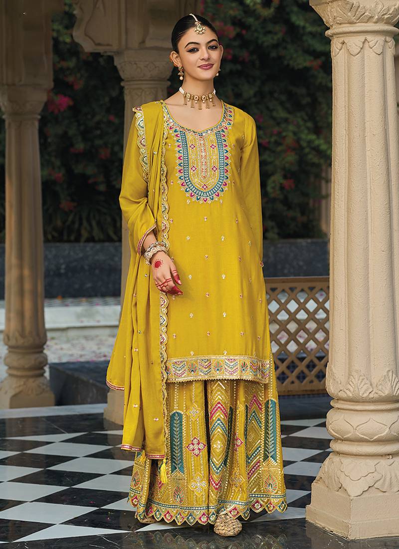 Chinon embroidered palazzo suit for yellow 