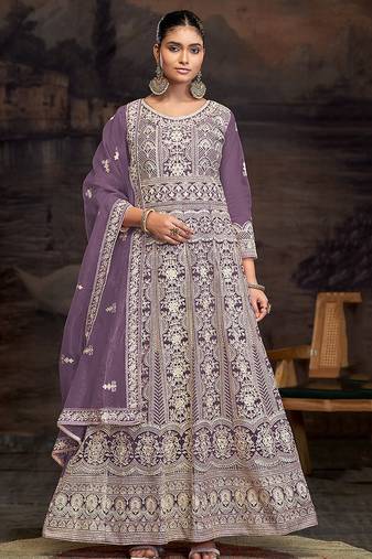 Purple net embroidered anarkali salwar kameez