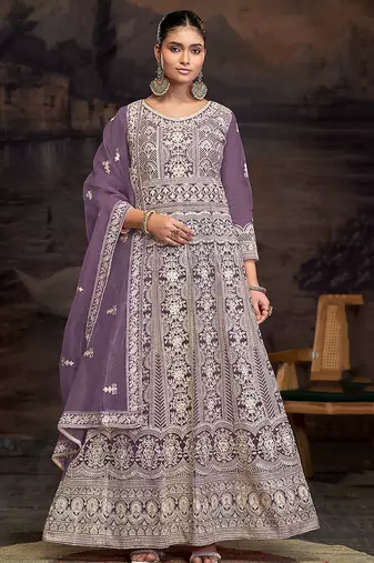 Purple net embroidered anarkali salwar kameez
