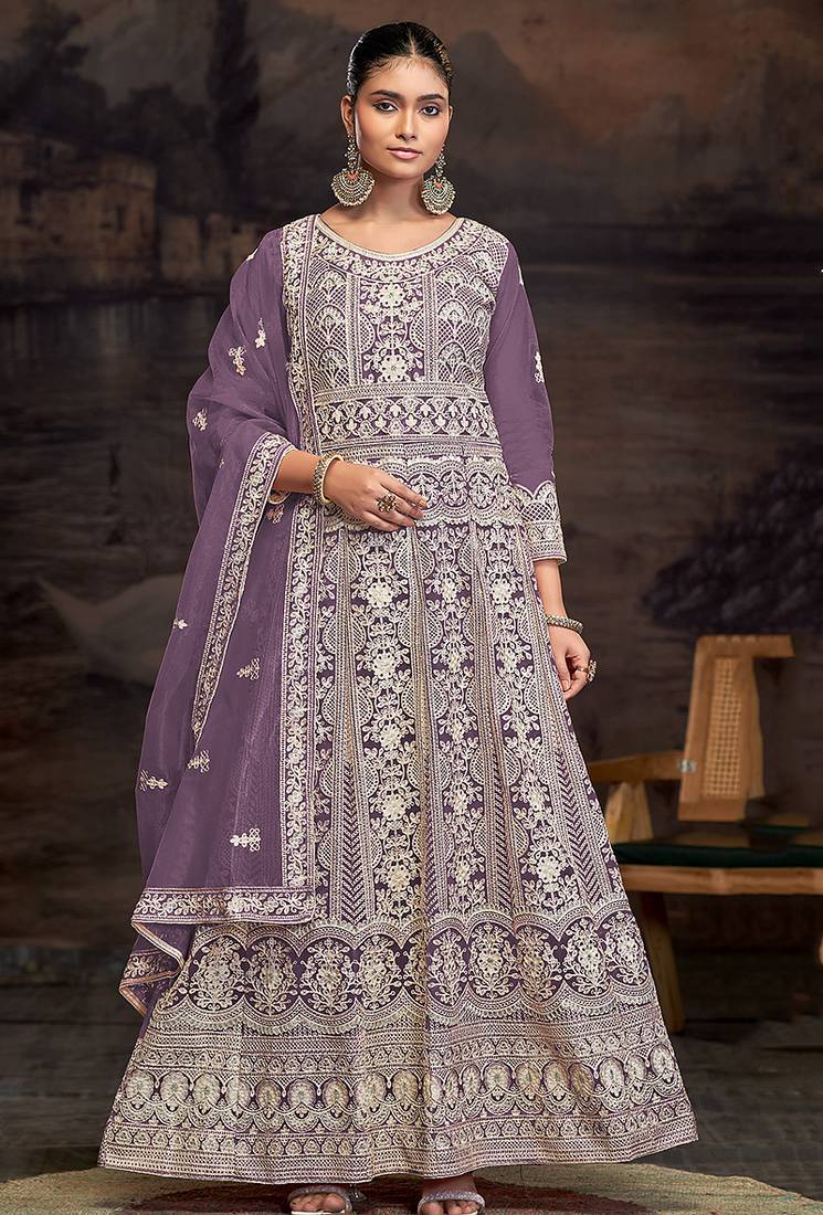 Purple net embroidered anarkali salwar kameez