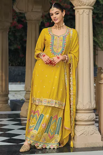Chinon embroidered palazzo suit for yellow 