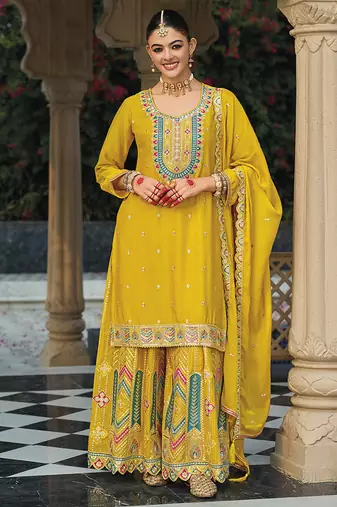 Chinon embroidered palazzo suit for yellow 