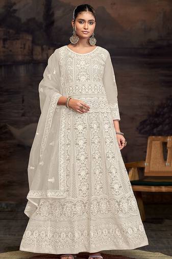Cream net embroidered anarkali salwar kameez