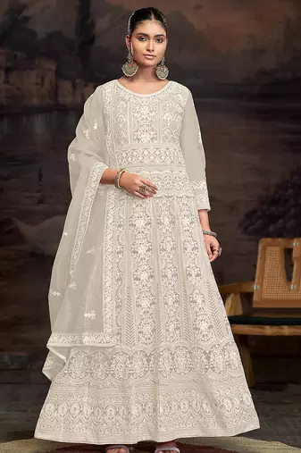 Cream net embroidered anarkali salwar kameez