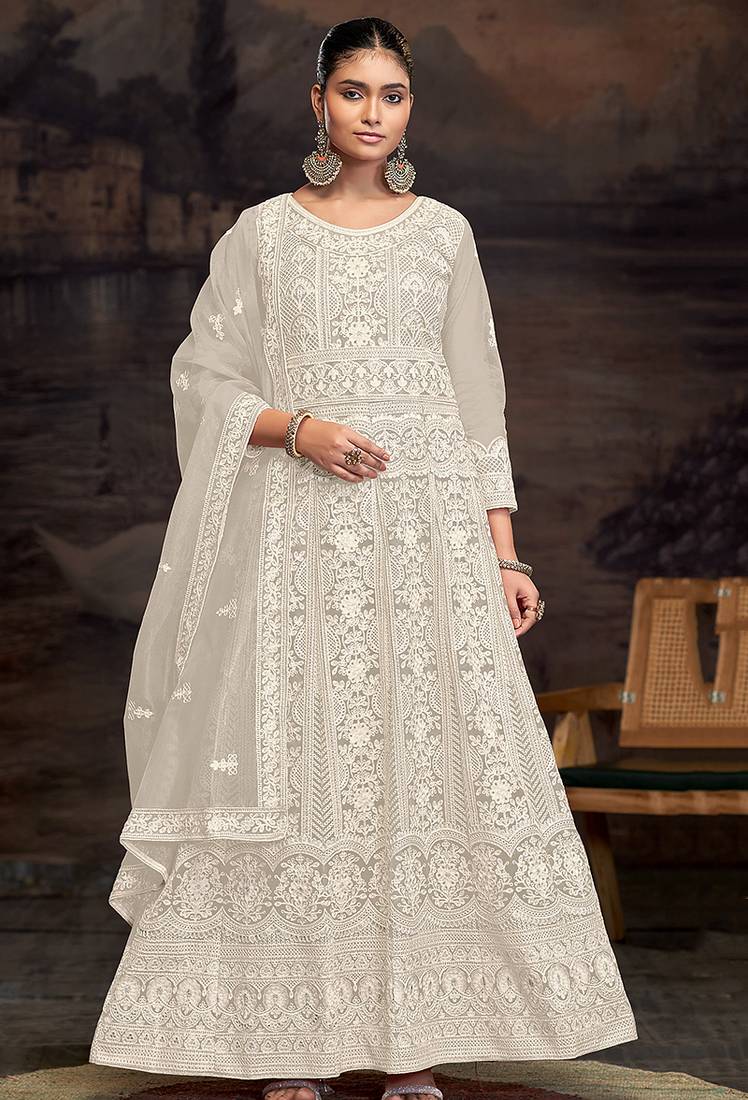Cream net embroidered anarkali salwar kameez