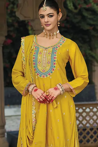 Chinon embroidered palazzo suit for yellow 
