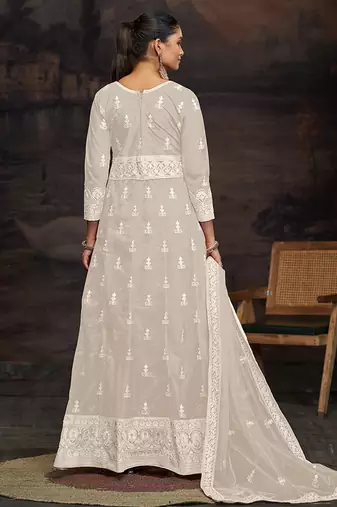 Cream net embroidered anarkali salwar kameez