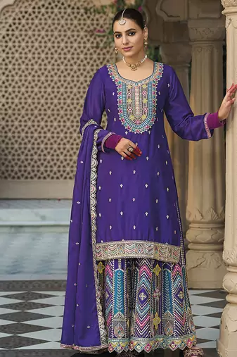 Chinon embroidered palazzo suit for purple 