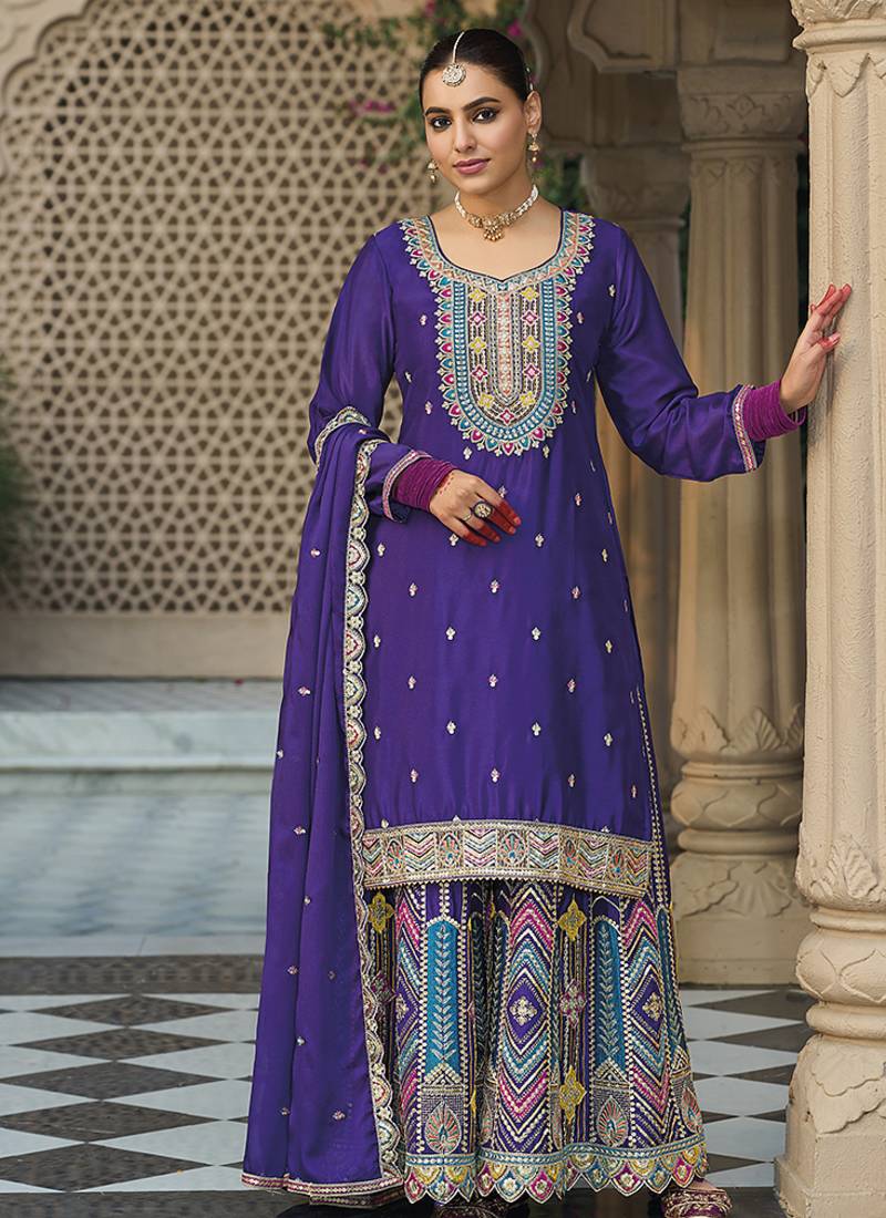 Chinon embroidered palazzo suit for purple 