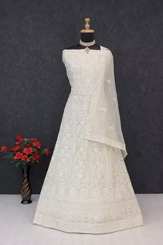 Cream net embroidered anarkali salwar kameez