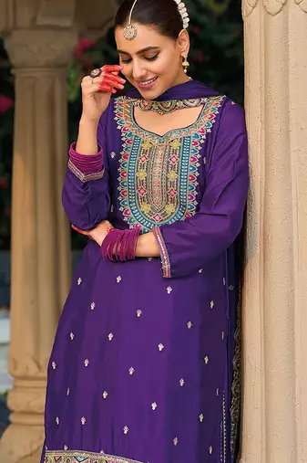 Chinon embroidered palazzo suit for purple 