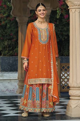 Chinon embroidered palazzo suit for orange 