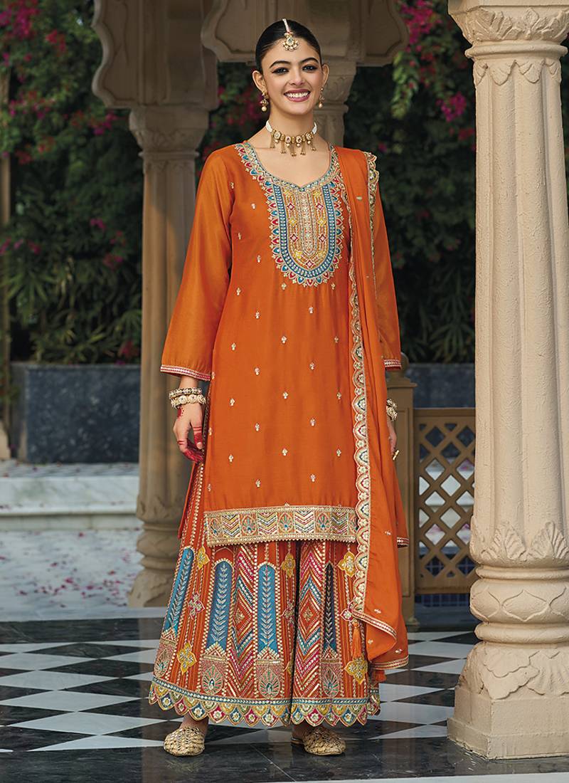 Chinon embroidered palazzo suit for orange 