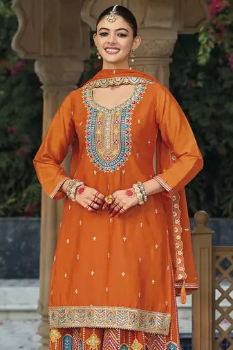 Chinon embroidered palazzo suit for orange 