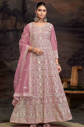 Light pink net embroidered anarkali salwar kameez