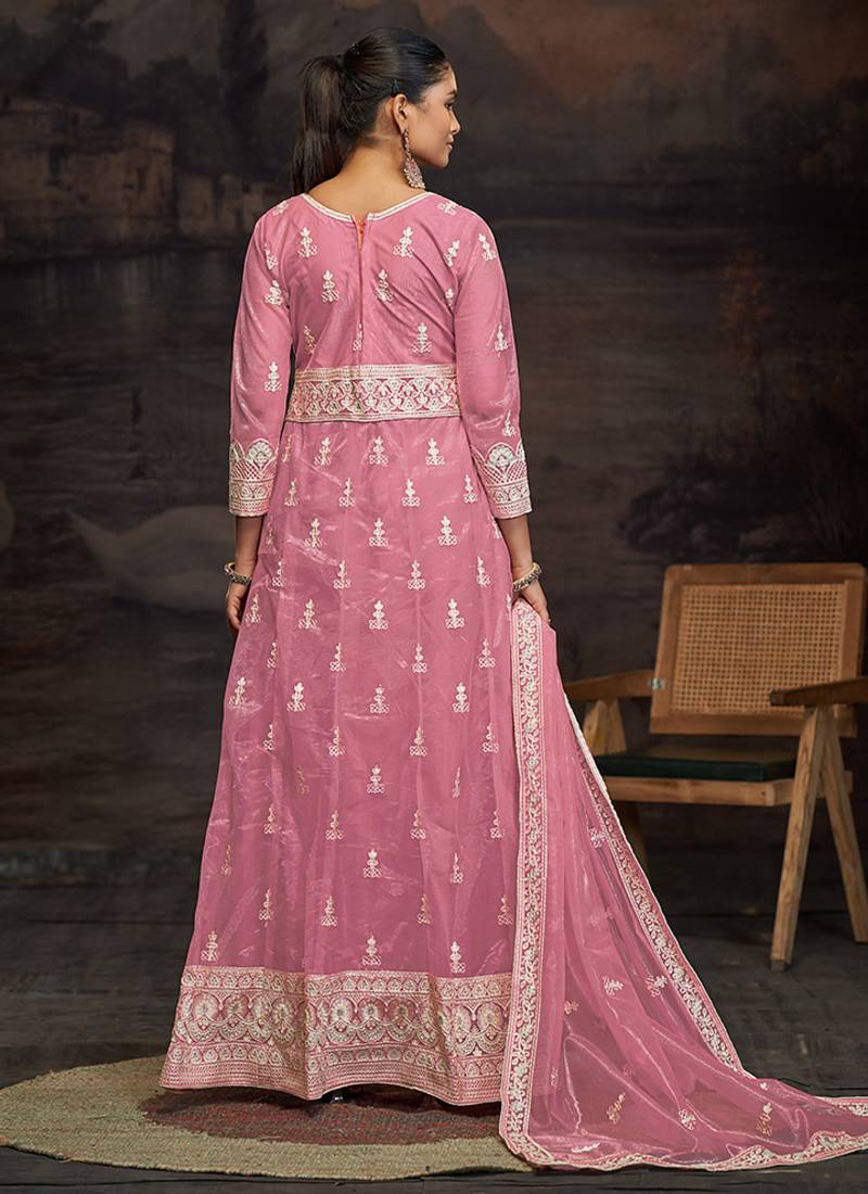 Light pink net embroidered anarkali salwar kameez