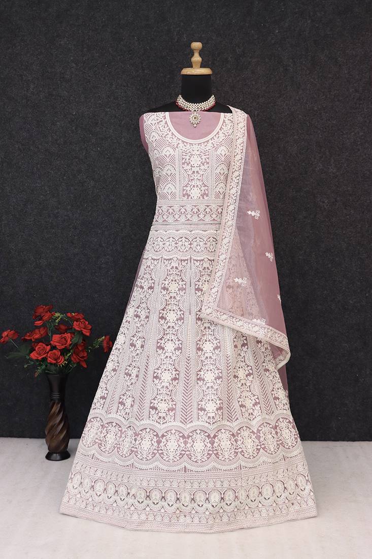 Light pink net embroidered anarkali salwar kameez