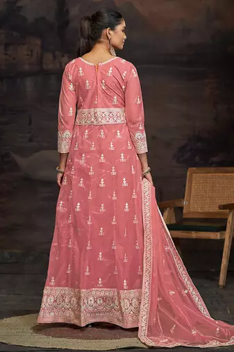 Peach net embroidered anarkali salwar kameez