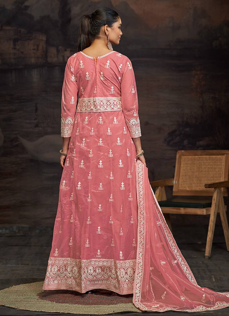 Peach net embroidered anarkali salwar kameez