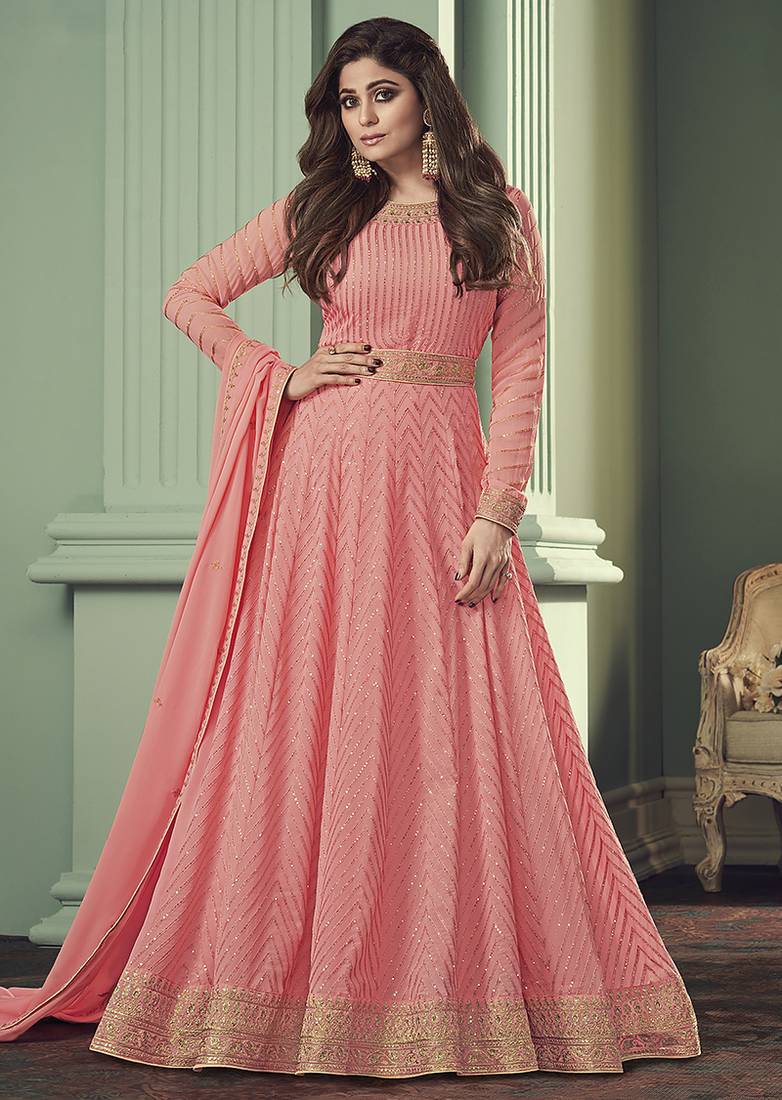 Light pink georgette embroidered work anarkali suit