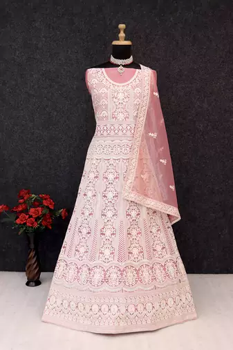 Peach net embroidered anarkali salwar kameez