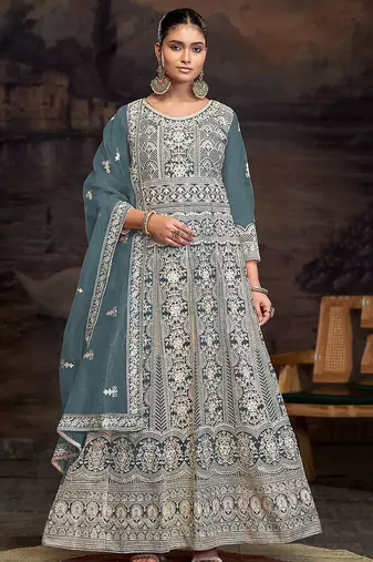 Grey net embroidered anarkali salwar kameez