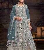Grey net embroidered anarkali salwar kameez