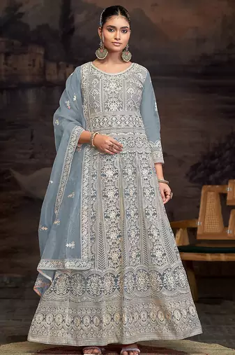 Light blue net embroidered anarkali salwar kameez