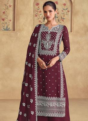 Wine georgette with embroidered palazzo suit 2