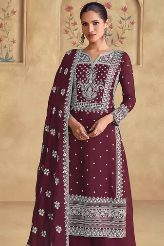 Wine georgette with embroidered palazzo suit