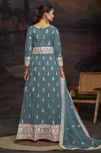 Grey net embroidered anarkali salwar kameez