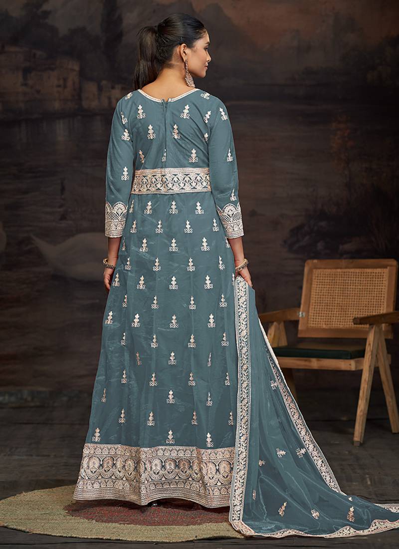 Grey net embroidered anarkali salwar kameez