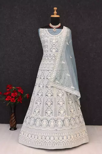 Grey net embroidered anarkali salwar kameez