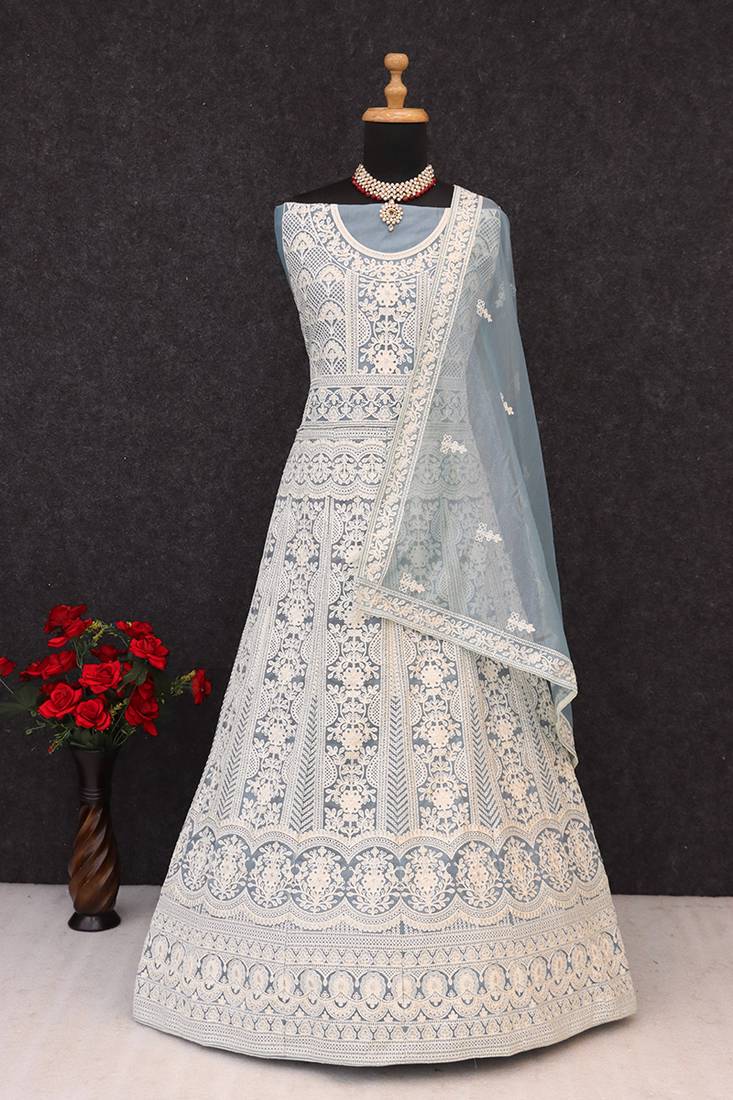 Grey net embroidered anarkali salwar kameez