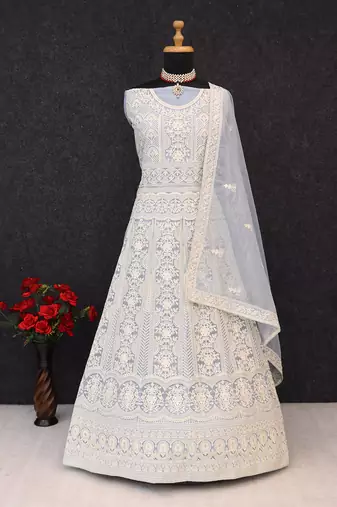 Light blue net embroidered anarkali salwar kameez